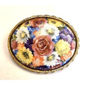 Vintage Hand Painted Floral Porcelain Brooch   Gold-Tone Frame Signed Made In It